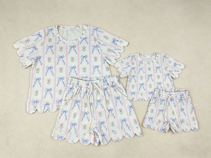 Sibling Baby Girls Adult Women Short Sleeves Flower Shirts Shorts Scallop Sets Summer Clothes