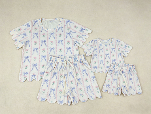 Sibling Baby Girls Adult Women Short Sleeves Flower Shirts Shorts Scallop Sets Summer Clothes