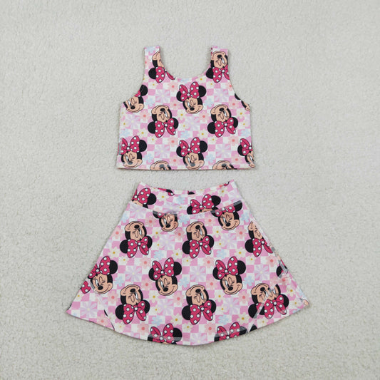 RTS Baby Girls Kids Sleeveless Flower Cartoon Tops Shorts Skirt Yoga Active Set