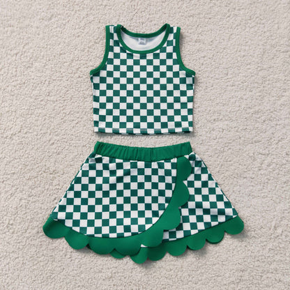 Sibling Baby Girls Kids Sleeveless Checked Shirts Scallop Skirts Shorts Yoga Active Sets Clothes