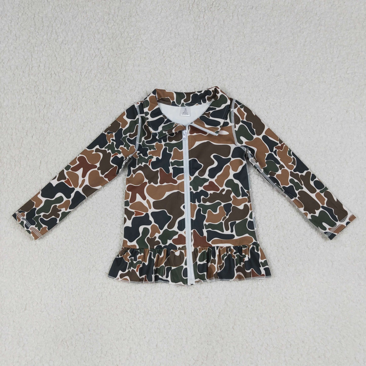 RTS Baby Girls Kids Long Sleeves Brown Camo Zipper Ruffle Cardigan Shirt Tops