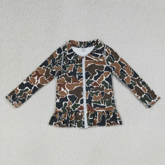 RTS Baby Girls Kids Long Sleeves Brown Camo Zipper Ruffle Cardigan Shirt Tops