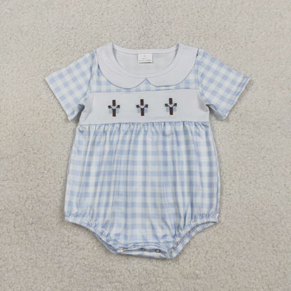 RTS Sibling Baby Boys Infant Embroidery Crosses Blue Plaid Easter Rompers