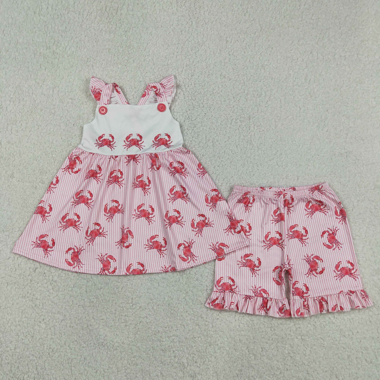 Baby Girls Short Sleeves Crabs Stripes Tops Ruffle Shorts Summer Clothes Set
