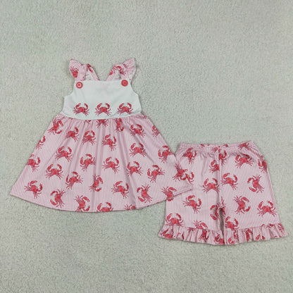Baby Girls Short Sleeves Crabs Stripes Tops Ruffle Shorts Summer Clothes Set