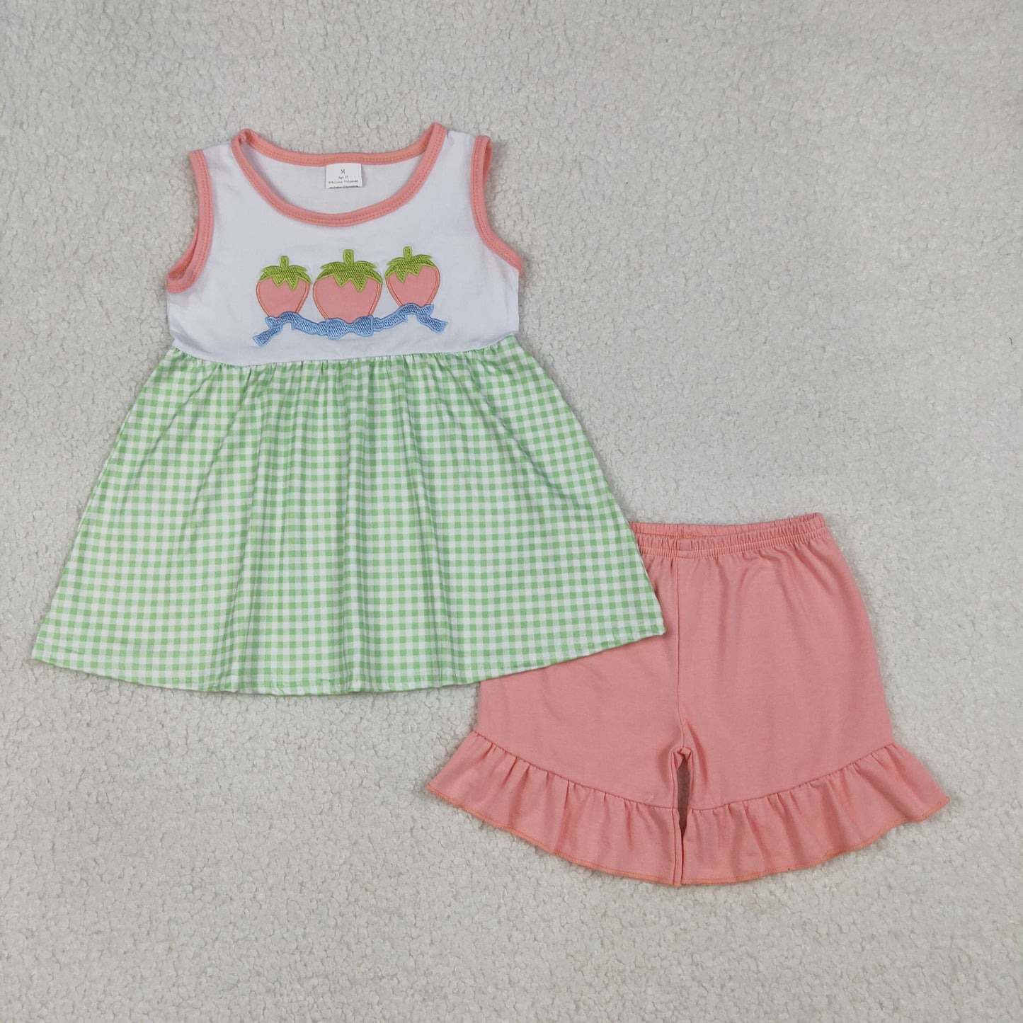 RTS Baby Girls Sleeveless Embroidery Strawberry Bows Green Plaid Tunic Pink Shorts Set