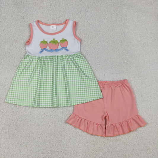 RTS Baby Girls Sleeveless Embroidery Strawberry Bows Green Plaid Tunic Pink Shorts Set