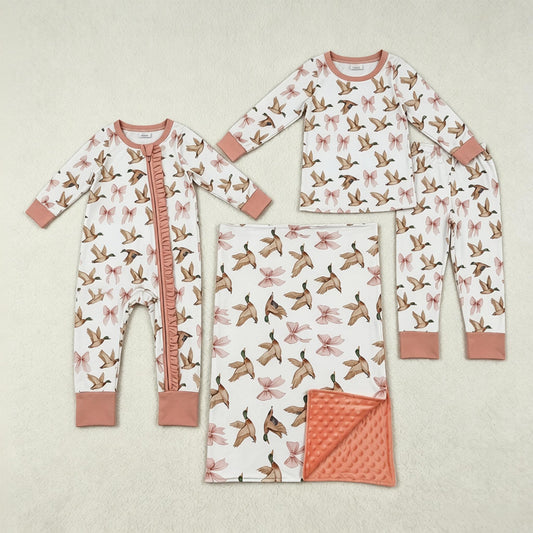 Sibling Baby Girls Kids Long Sleeves Ducks Bows Zipper Romper Pajamas Set