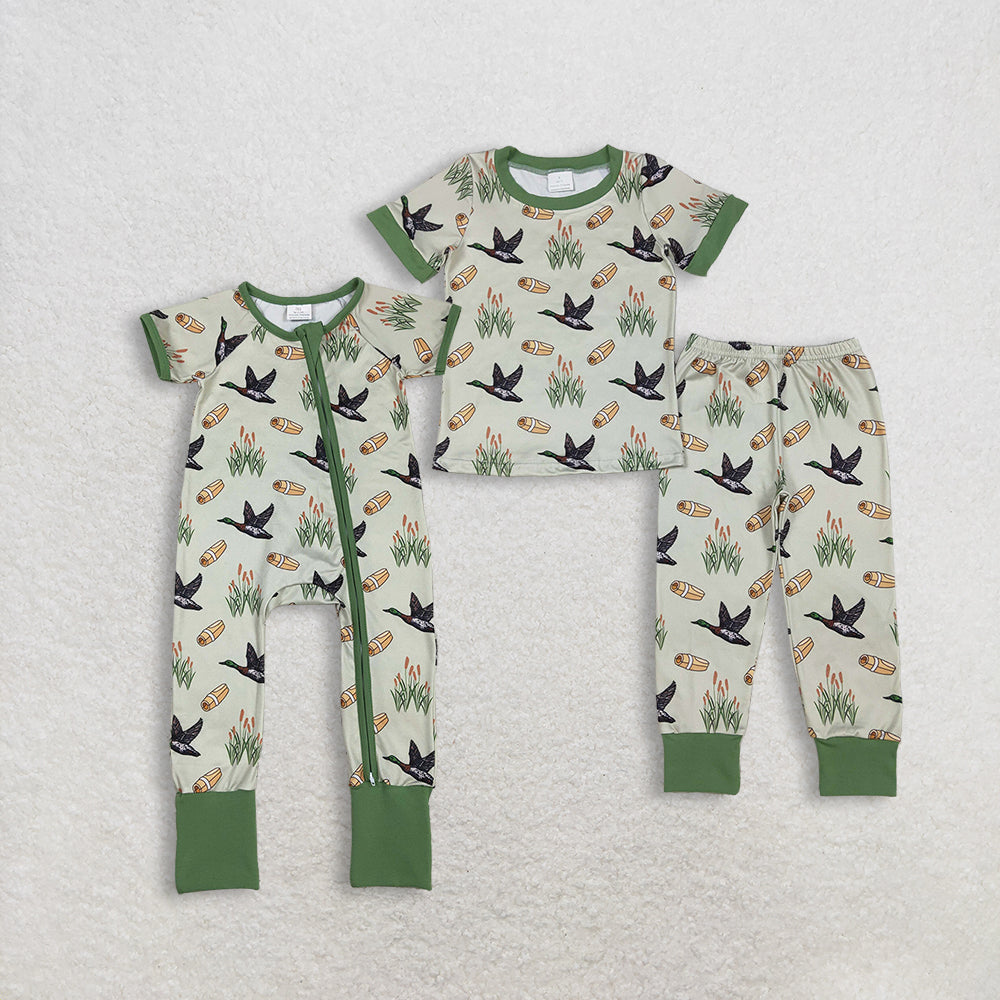 Sibling Baby Boys Kids Short Sleeves Ducks Hunting Green Zipper Romper Set Pajamas Clothes