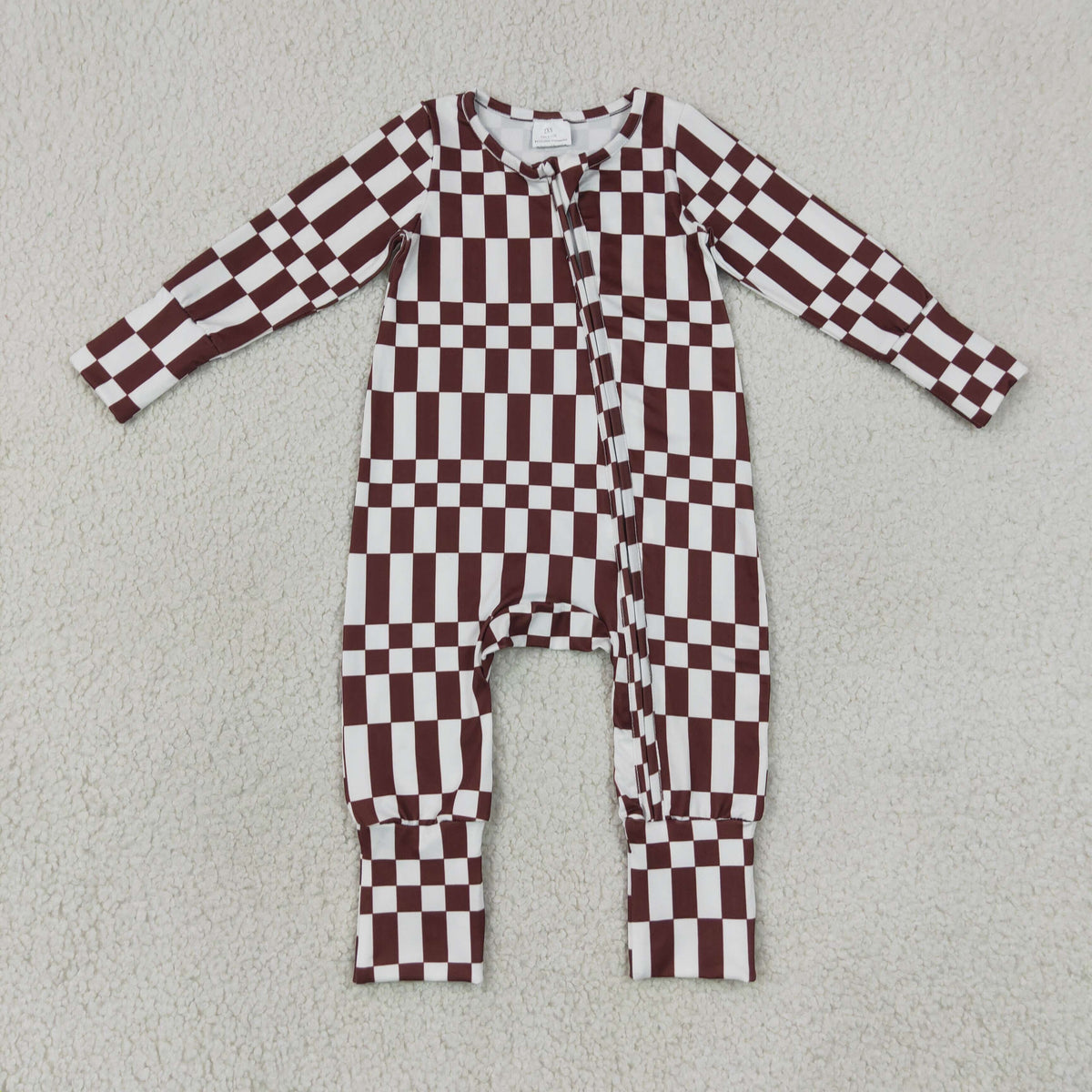 Baby Boys Kids Long Sleeves Brown White Plaid Zipper Footie Sleeper Romper Clothes