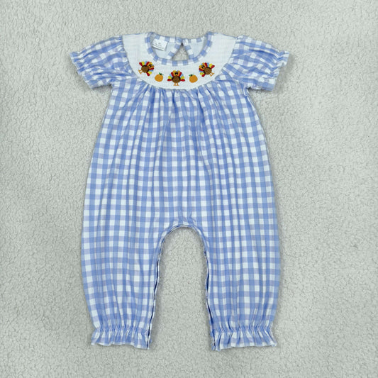Baby Girls Infant Short Sleeves Embroidery turkey Pumpkins Blue Plaid Fall Romper