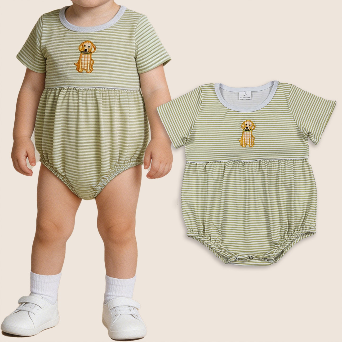 Baby Boys Infant Embroidery Dog Green Stripes Bubble Romper Clothes