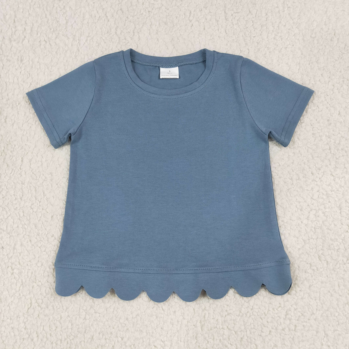 Baby Girls Kids Short Sleeves Scalloped Blue Shirt Tops Cotton Clothes
