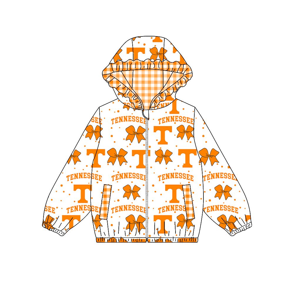 Moq 5 Preorder Baby Girl Kids Orange Bows Pockets Zipper Ruffle Hoodie Jacket Coat Team Tops