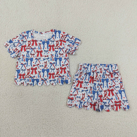 Baby Girls Toddler Bows Stars Shirt Scallop Pockets Shorts 4th of July Set Clothes