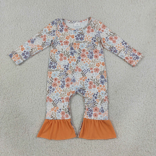 Baby Girls Infant Long Sleeves Flower Orange Ruffle Romper