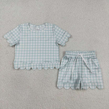 RTS Baby Girls Kids Short Sleeves Plaid Shirt Scallop Shorts Blue Clothes Set