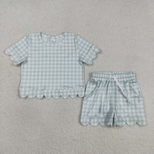 RTS Baby Girls Kids Short Sleeves Plaid Shirt Scallop Shorts Blue Clothes Set