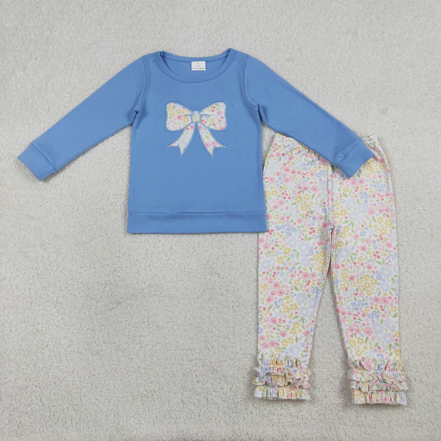 RTS Sibling Baby Girls Kids Long Sleeves Embroidery Bow Shirts Floral Ruffle Pants Sets