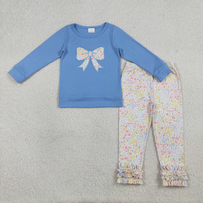 RTS Sibling Baby Girls Kids Long Sleeves Embroidery Bow Shirts Floral Ruffle Pants Sets