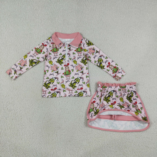 Baby Girls Kids Christmas Face Zipper Pullover Skirt Shorts Pink Set Clothes