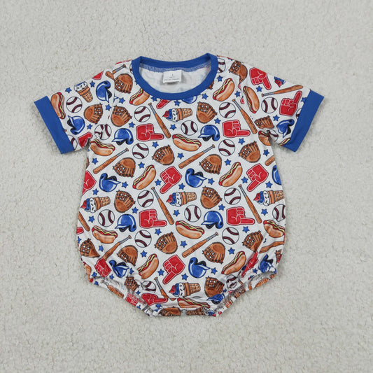 Baby Boys Infant Short Sleeves Baseball Summer Blue Bubble Romper RTS