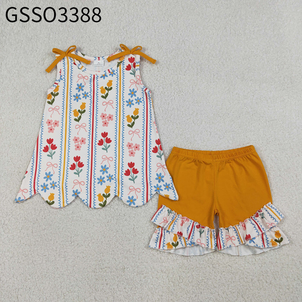 RTS Baby Girls Kids Orange Bows Flower Scallop Tops Ruffle Shorts Summer Set