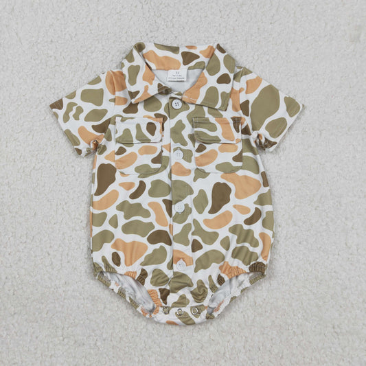 Baby Boys Short Sleeves Orange Green Camo Pockets Buttons Romper