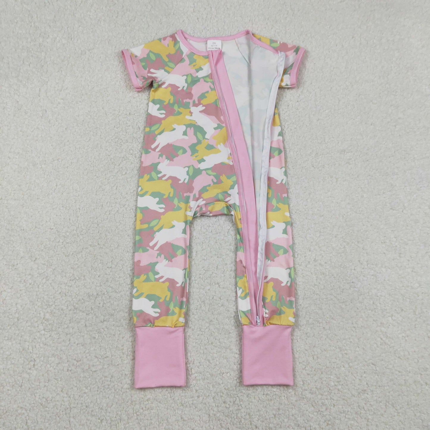 Baby Girls Short Sleeves Rabbits Camo Zipper Footie Easter Romper