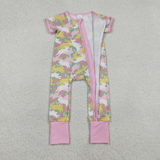 Baby Girls Short Sleeves Rabbits Camo Zipper Footie Easter Romper