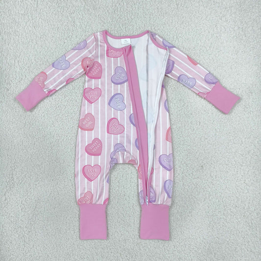 Baby Girls Infant Long Sleeves Valentine Hearts Stripes Zipper Footie Sleeper Romper Clothes