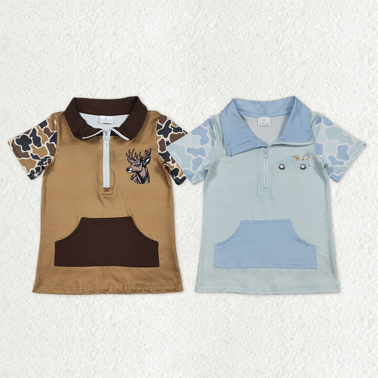 Sibling Baby Boys Short Sleeves Deer Dogs Southern Camo Zipper Pockets Hunting Pullover Shirts