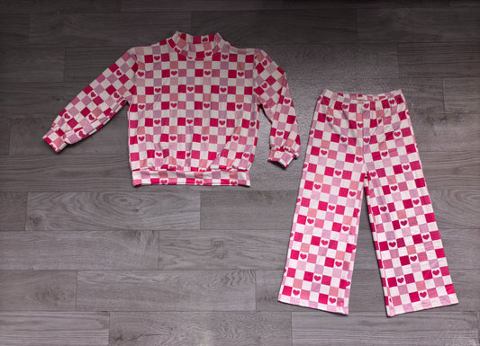 No moq Preorder Baby Girls Kids Long Sleeves Hearts Checked Shirt Pants Set Valentine Clothes