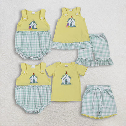 RTS Sibling Baby Boys Girls Embroidery Cross Jesus Green Plaid Easter Rompers Sets