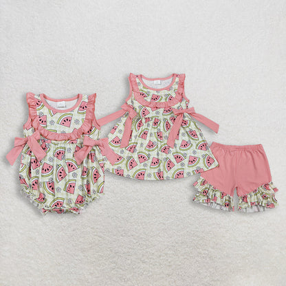 RTS Sibling Baby Girls Kids Sleeveless Watermelon Flower Bows Romper Set Summer Clothes