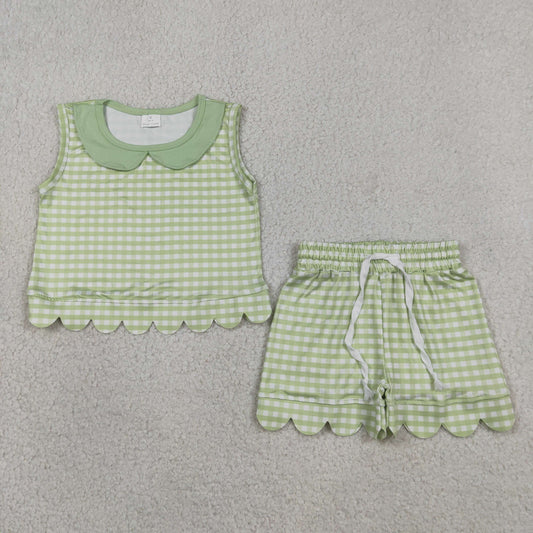 Baby Girls Kids Short Sleeves Green Plaid Shirt Scallop Shorts Summer Set Clothes
