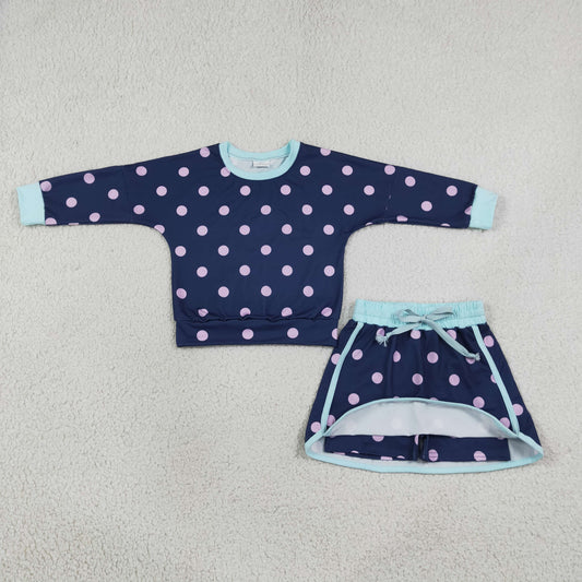Baby Girls Kids Long Sleeves Dots Shirt Skirt Shorts Navy Set Clothes