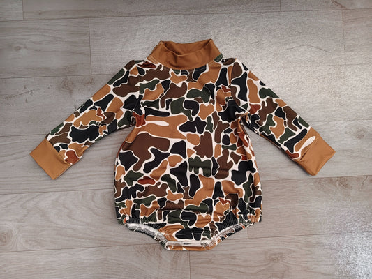 No moq Preorder Baby Boys Infant Long Sleeves Brown Camo Bubble Romper Clothes