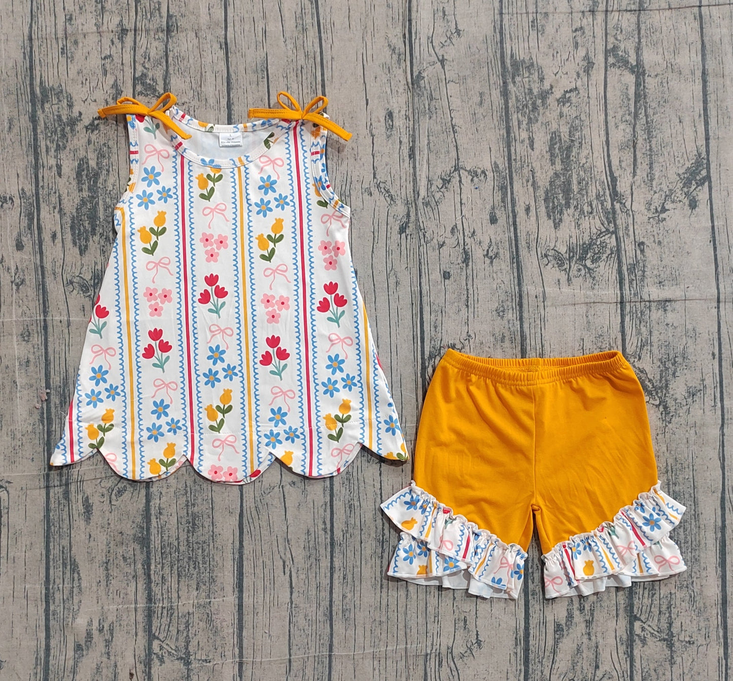 RTS Baby Girls Kids Orange Bows Flower Scallop Tops Ruffle Shorts Summer Set