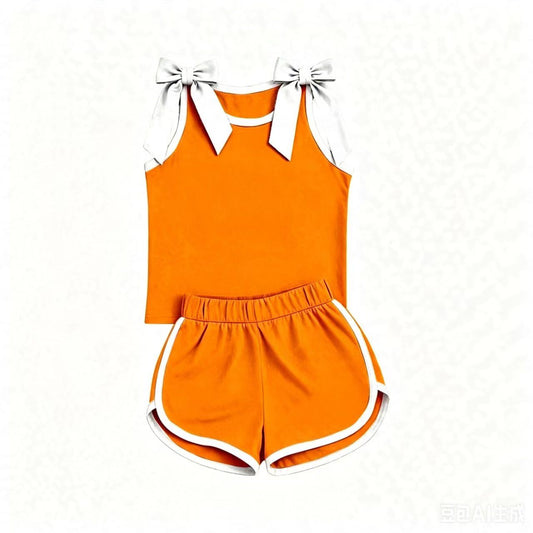 Moq 5 Preorder Baby Girls Kids Sleeveless Bows Shirt Shorts Orange Set Summer Clothes