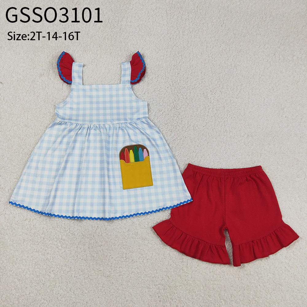 RTS Baby Girls Short Sleeves Embroidery Pencil Plaid Tops Red Shorts Back to School Set