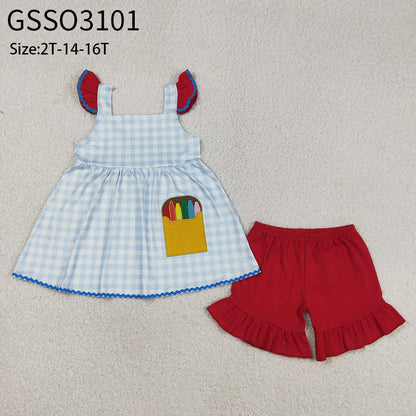 RTS Baby Girls Short Sleeves Embroidery Pencil Plaid Tops Red Shorts Back to School Set