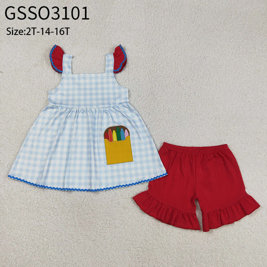 RTS Baby Girls Short Sleeves Embroidery Pencil Plaid Tops Red Shorts Back to School Set
