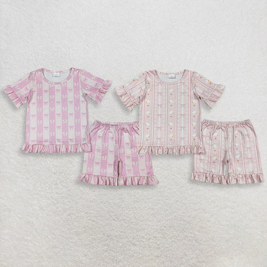 Sibling Baby Girls Short Sleeves Bows Shirts Shorts Summer Clothes Sets