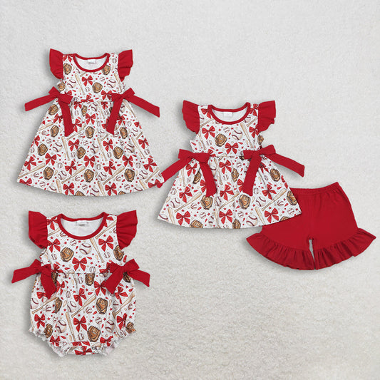 RTS Sibling Baby Girl Infant Short Sleeves Baseball Red Bows Summer Bubble Romper Set