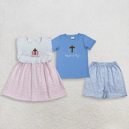 Sibling Baby Boys Girls Kids Embroidery Cross Child of God Dress Set Clothes