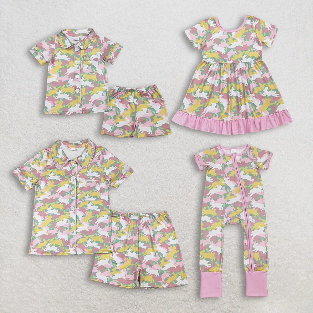 RTS Sibling Baby Girls Adult Women Short Sleeves Rabbits Camo Easter Romper Dress Pajamas Sets