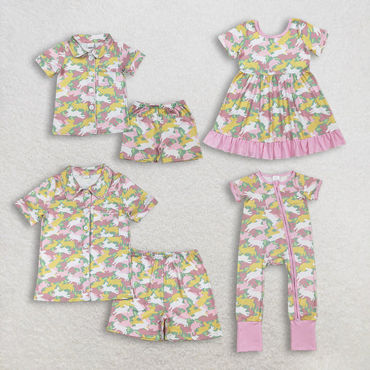 RTS Sibling Baby Girls Adult Women Short Sleeves Rabbits Camo Easter Romper Dress Pajamas Sets