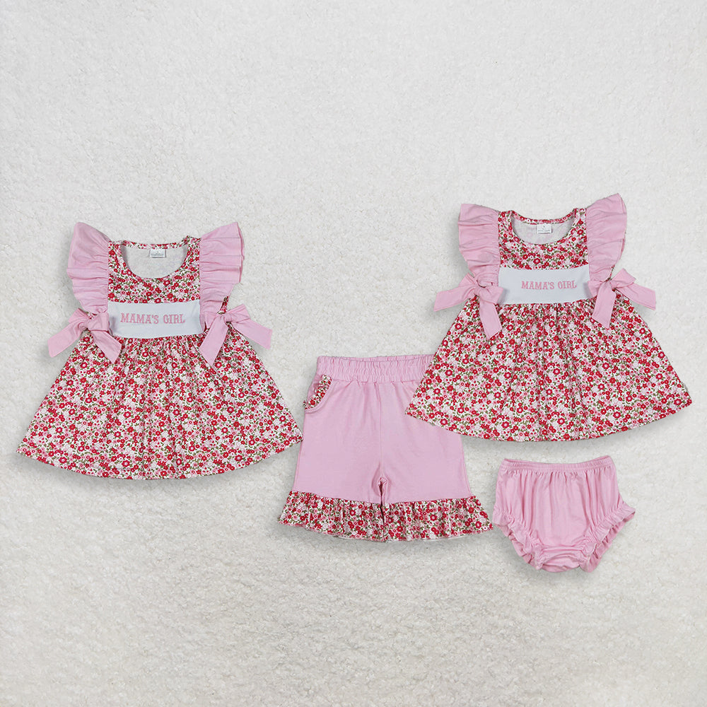 Sibling Baby Girls Kids Short Sleeves Embroidery Mama's Girl Flower Tops Pink Shorts Sets