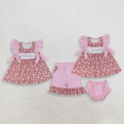 Sibling Baby Girls Kids Short Sleeves Embroidery Mama's Girl Flower Tops Pink Shorts Sets